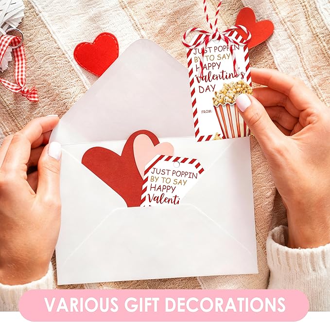 Just Poppin Happy Valentines Gift Tags, 50 Pcs Valentine Tags with String, Popcorn Design Thank You Label for Gift Wrapping, Valent Day Decoration-Red White