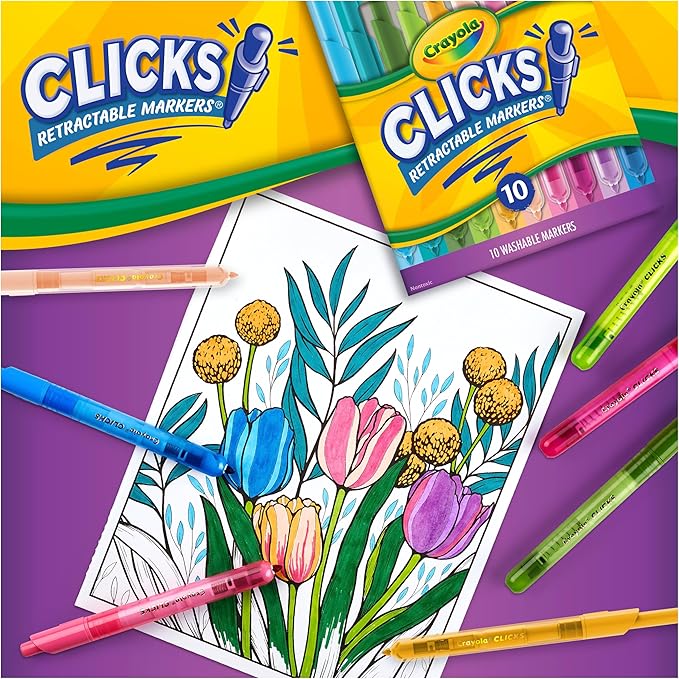 Crayola Clicks Retractable Markers - Bold (10ct), Essential Easter Basket Stuffers, Spring Craft Supplies, Gifts for Kids & Toddlers, No Dry Washable Markers for Kids
