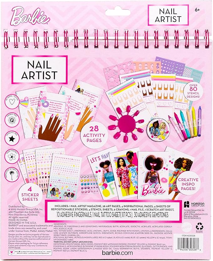 Barbie Nail Artist Magazine, 28-Page Magazine With Templates, Stickers, & Tips, Press-on Nails, Cute Nail Stickers & Gems, Crayons Included, 6 Year Old Girl Birthday Gift, Cute Girls Toys