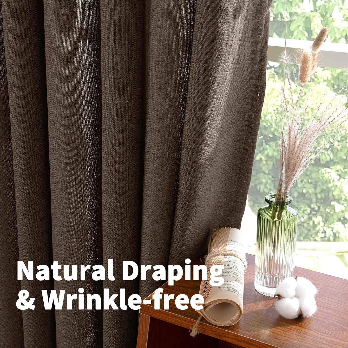 YoungsTex Brown Linen Curtains for Living Room 63 Inches Long, Chocolate Semi Sheer Drapes Textured Light Filtering Window Treatments with Rod Pocket Back Tab for Bedroom, 2 Panels, 52 X 63 Inch