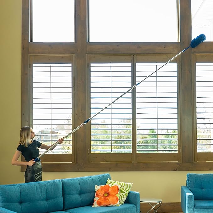 Blue Extension Rod Ceiling Duster with 18-20 feet Reach 3-Stage Aluminum Telescoping Pole - Cathedral, Cobweb, Microfiber, Ceilings Fan Duster Includes 2 Hand Dusting Kit