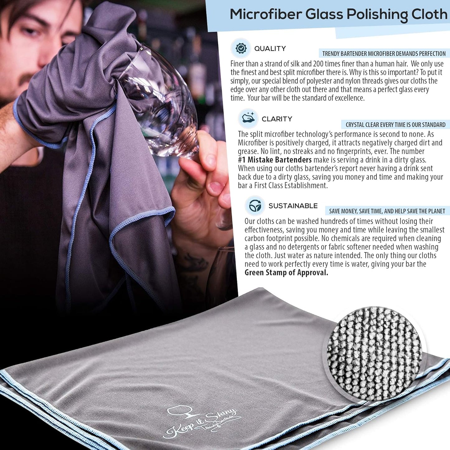Trendy Bartender Toast to Perfection Microfiber Commercial Grade Glass Polishing Lint-Free Cloth for Spotless Shine and a Residue-Free Finish - 30x30 inch - Grey