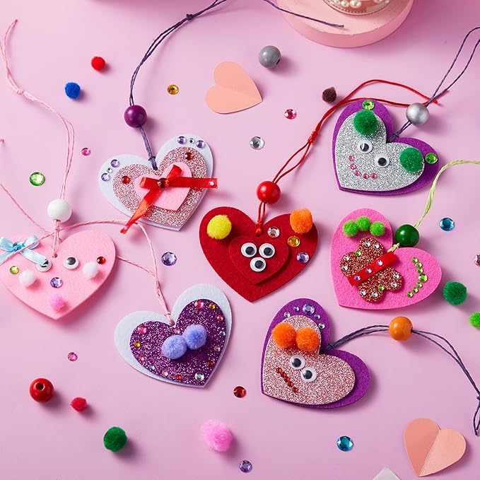 JOYIN Valentines Day 264 Pcs DIY Heart Felt Craft Set, Felt & Glitter Hearts & Wooden Beads & Plastic Eyes & Colorful Paper Ropes for Valentine's Day Kids Craft Party Classroom Ornaments Decorations