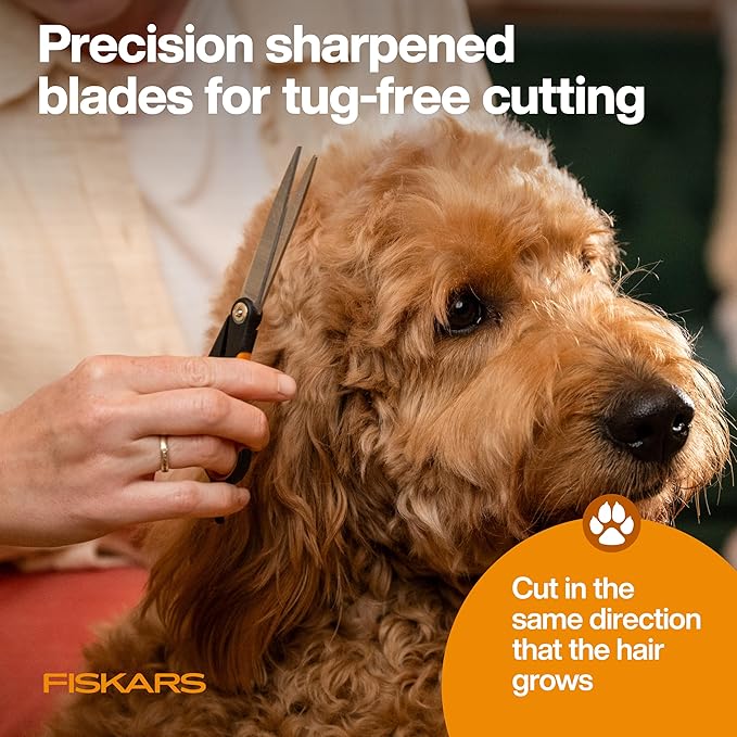 Fiskars Pet, Dog & Cat Grooming Scissors, Precision Stainless Steel Blades & SoftGrip Handle, Cat and Dog Supplies, 6.75”, Orange/Black, Trimming Scissors