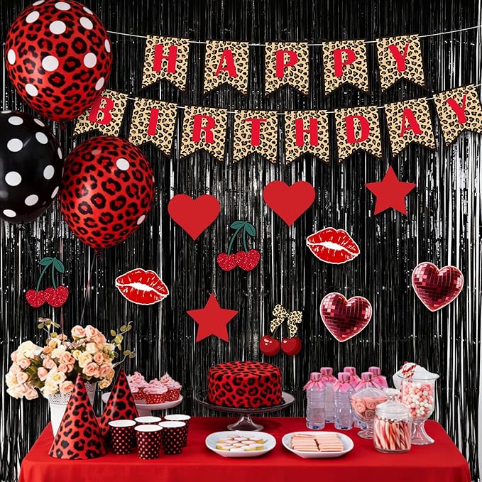 Epakh 39 Pcs Cheetah Cherry Birthday Party Decorations Includes 24 Pieces Paper Cards Decor 13 Pcs Happy Birthday Banner 2 Foil Fringe Curtain Backdrop for Photo Prop Themed Party Supplies