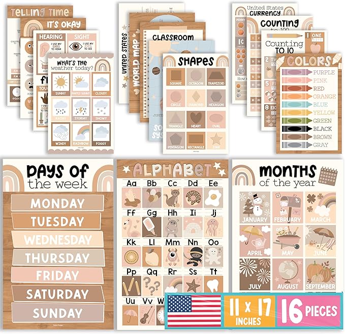 Hadley Designs 16 Educational Posters for Toddlers 1-3 - Learning Poster for Kids Ages 3-5, Alphabet Chart Playroom Homeschool Daycare & Classroom Decor, Kindergarten & Preschool Classroom Must Haves