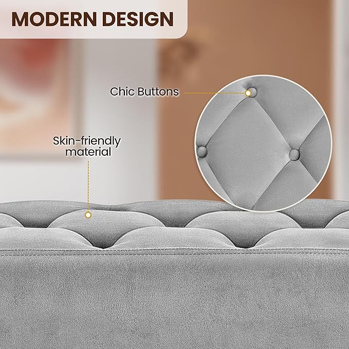 Yaheetech Modern Ottoman Bench Velvet Bench Upholstered Footrest with Gold Metal Legs and Padded Seat Gray
