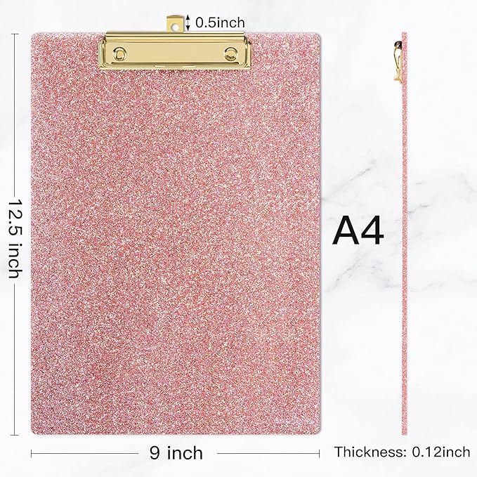 Piasoenc Acrylic Clipboards, Fashion Glitter Clip Board with Low Profile Gold Clip, Designed for Classroom School and Office Use, A4 Letter Size 9 x 12.5 in,Pink