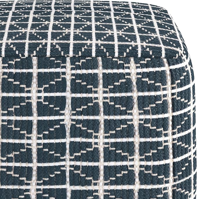 SIMPLIHOME Noreen Boho Square Pouf in Dark Blue and White Handloom Woven Pattern for the Living Room, Bedroom and Kids Room