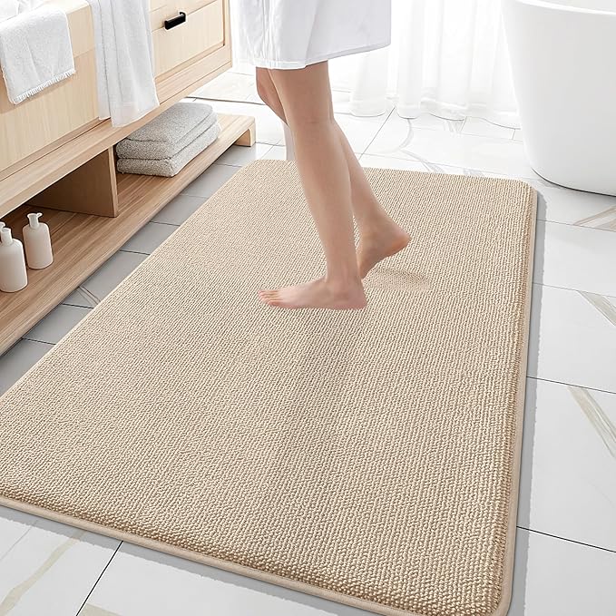 OLANLY Thick Memory Foam Bath Mat Rug 59x35, Extra Soft Absorbent Bathroom Rug, Quick Dry Bath Mats, Non-Slip, Machine Washable Carpet for Bathroom, Tub and Shower, Home Decor Accessories, Beige