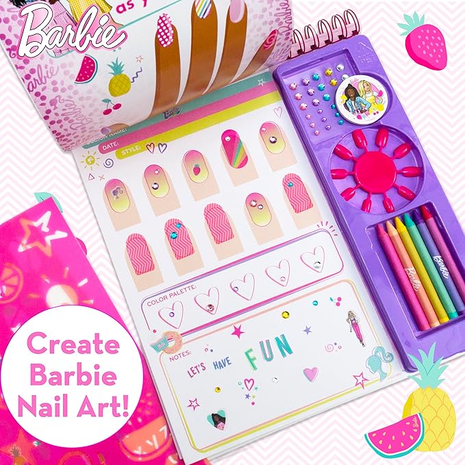 Barbie Nail Artist Magazine, 28-Page Magazine With Templates, Stickers, & Tips, Press-on Nails, Cute Nail Stickers & Gems, Crayons Included, 6 Year Old Girl Birthday Gift, Cute Girls Toys