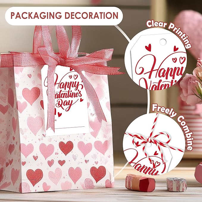50Pcs Happy Valentines Tags for Bags - Valentine Gift Tags with String, Hanging Paper Gift Label for Wrapping Treat Bag, Idea Valentines Activity School Classroom Party Favors