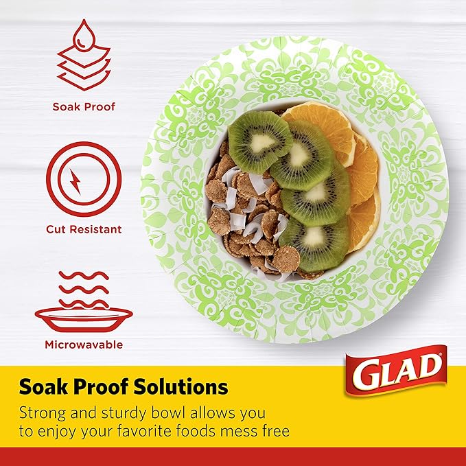 Glad Round Disposable Paper Bowls, Green Victorian Design - Heavy Duty, Soak Proof, Cut-Resistant, Microwavable Bowl for All Foods & Daily Use, 16 Oz, 15 Count - 6 Pack