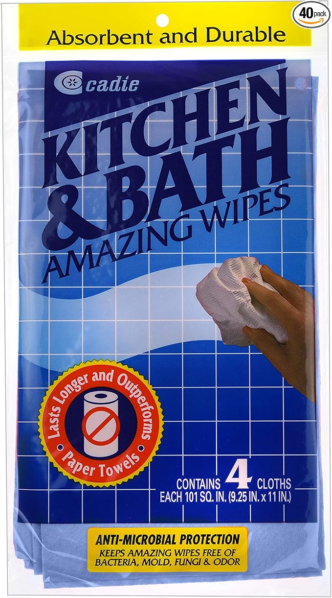 Cadie Kitchen and Bath Amazing Wipes - Absorbent and Reusable Cloth for Washing, Drying, Wiping in The Bathroom or Cuisine Surfaces | Cleaning Sink,Tiles,Bathtub,Walls,Mirror (10Pack-40 Wipes, Blue)