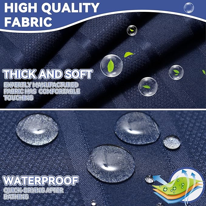 Conbo Mio No Hook Waffle Weave Shower Curtain with Snap in Liner Set, Hotel Luxury Dark Blue Shower Curtains for Bathroom with See Through Top Window, Waterproof, Washable 71W x 74H Stripe
