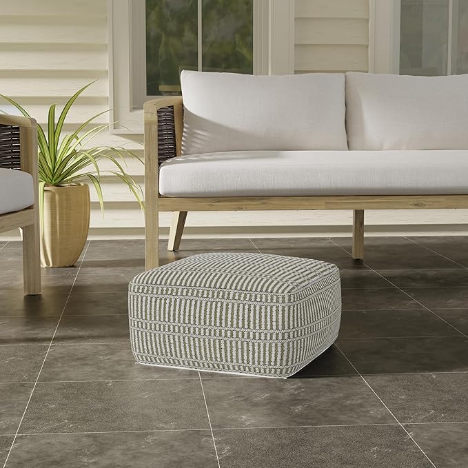 SIMPLIHOME Safford Square Pouf - 20 inch Wide Upholstered PET Polyester Ottoman in Natural/Travertine/White, Boho Indoor/Outdoor Footstool or Extra Seating for Living Room or Bedroom, Assembled