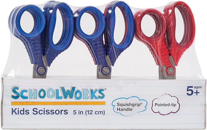 Fiskars Schoolworks 5" Scissors for Kids Ages 4-7 (12-Pack), Pointed-Tip Scissors for Kids, Back to School Supplies, Red and Blue