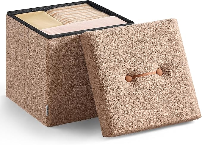 SONGMICS Small Folding Storage Ottoman, Foot Rest Stool, 15 x 15 x 15 Inches, Ottoman with Storage, Load up to 660 lb, for Living Room, Bedroom, Dorm, Camel Brown ULSF095K01