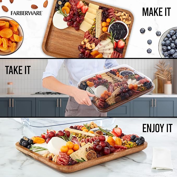 FARBERWARE Build-A-Board Acacia Cutting Board with Built-in Storage Compartments, Clear Locking Lid & White Handles, Great for Charcuterie & Snacks