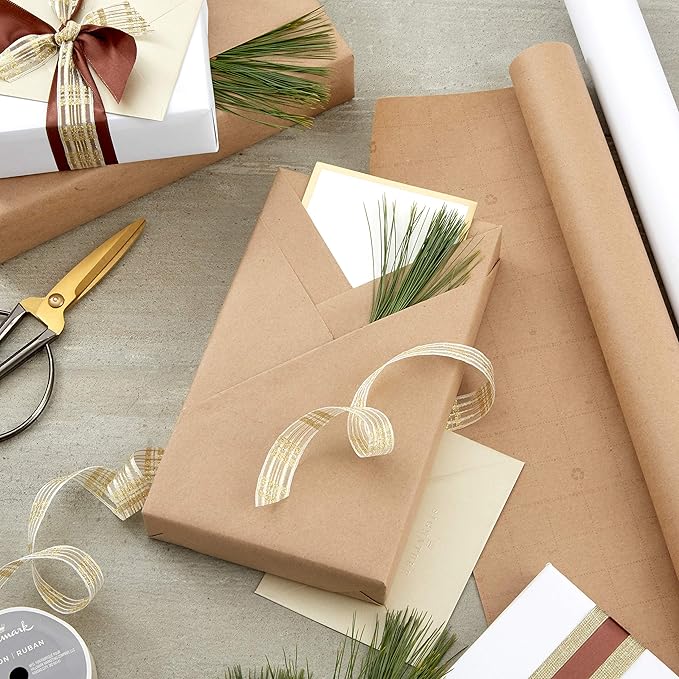 Hallmark Bulk Kraft Wrapping Paper with Cut Lines (2 Rolls: 160 sq. ft. ttl) White and Brown for Christmas, Hanukkah, Baby Showers, Weddings, Birthdays, Valentines Day, Arts & Crafts, Banners