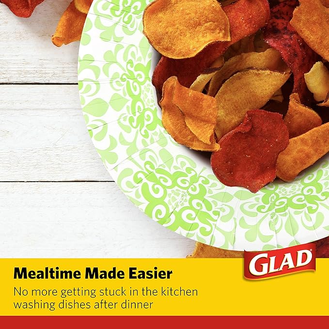 Glad Round Disposable Paper Bowls, Green Victorian Design - Heavy Duty, Soak Proof, Cut-Resistant, Microwavable Bowl for All Foods & Daily Use, 16 Oz, 15 Count - 6 Pack