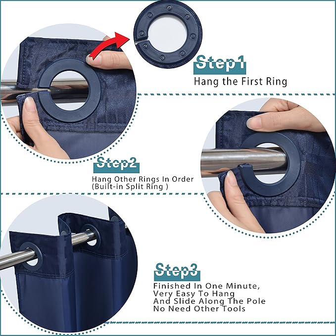 Conbo Mio Stall No Hook Shower Curtain with Snap in Liner Set, Hotel Luxury Navy Blue Shower Curtains for Bathroom with See Through Top Window, Waterproof, Washable 54W x 74H