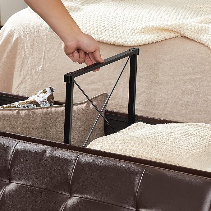 SONGMICS MAZIE Collection - 43 Inches Storage Ottoman Bench with Flipping Lid, Storage Chest with Iron Frame Support, Load 660 lb, for Living Room, Bedroom, Synthetic Leather, Brown ULSF75BR