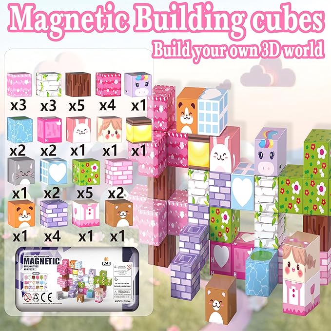 Magnetic Building Blocks 40 Pieces with Animals & Nature Theme - Safe STEM Educational Toys Gift for Toddlers Ages 3-8 with Storage Case