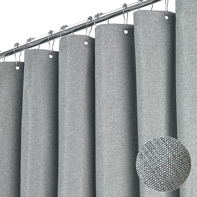 BTTN Long Grey Fabric Shower Curtain, 230GSM Linen Textured Heavy Duty Cloth Shower Curtain Set with Hooks, Waterproof Neutral Weighted Luxury Decorative Shower Curtains for Bathroom(Gray, W72xH78)