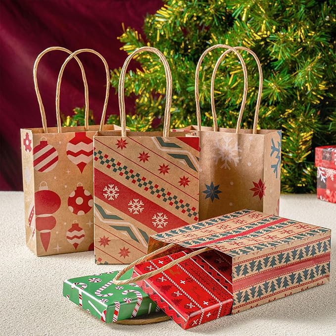 JOYIN 24 PCS Christmas Kraft Gift Bags with Handles, Reusable Xmas Paper Goody Wrap Craft Bags for Holiday Presents, Giant Gifts Decorations, Party Favors and Decor Supplies (5.25 x 4.25 x 2)
