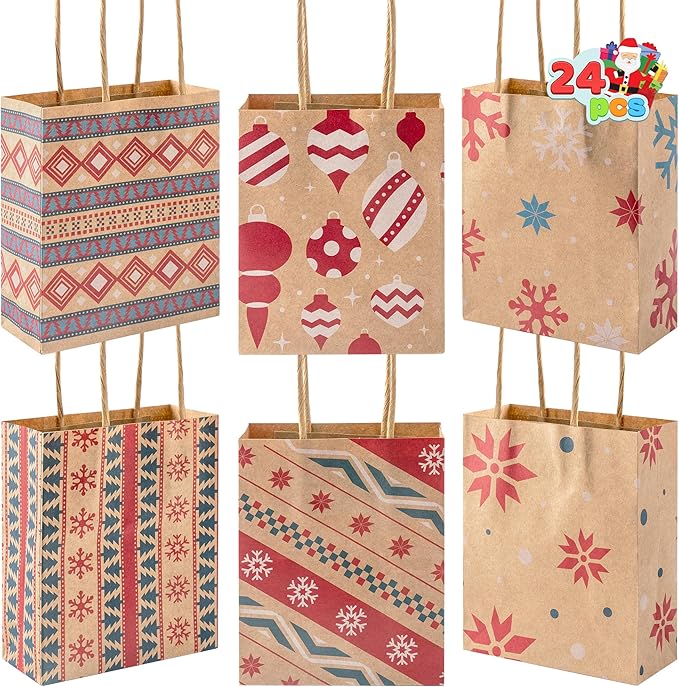 JOYIN 24 PCS Christmas Kraft Gift Bags with Handles, Reusable Xmas Paper Goody Wrap Craft Bags for Holiday Presents, Giant Gifts Decorations, Party Favors and Decor Supplies (5.25 x 4.25 x 2)