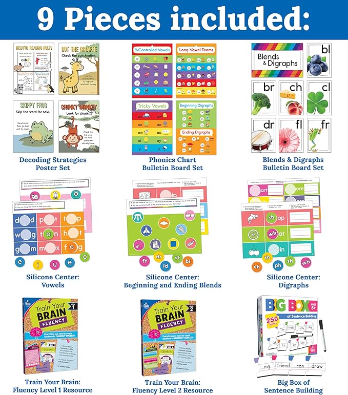 Carson Dellosa 531pc K-2 Literacy Bundle, Kindergarten, 1st Grade, 2nd Grade Phonics Posters, Bulletin Board Sets, Instructional Resources, Dry-Erase Manipulatives, Big Box of Sentence Building Game
