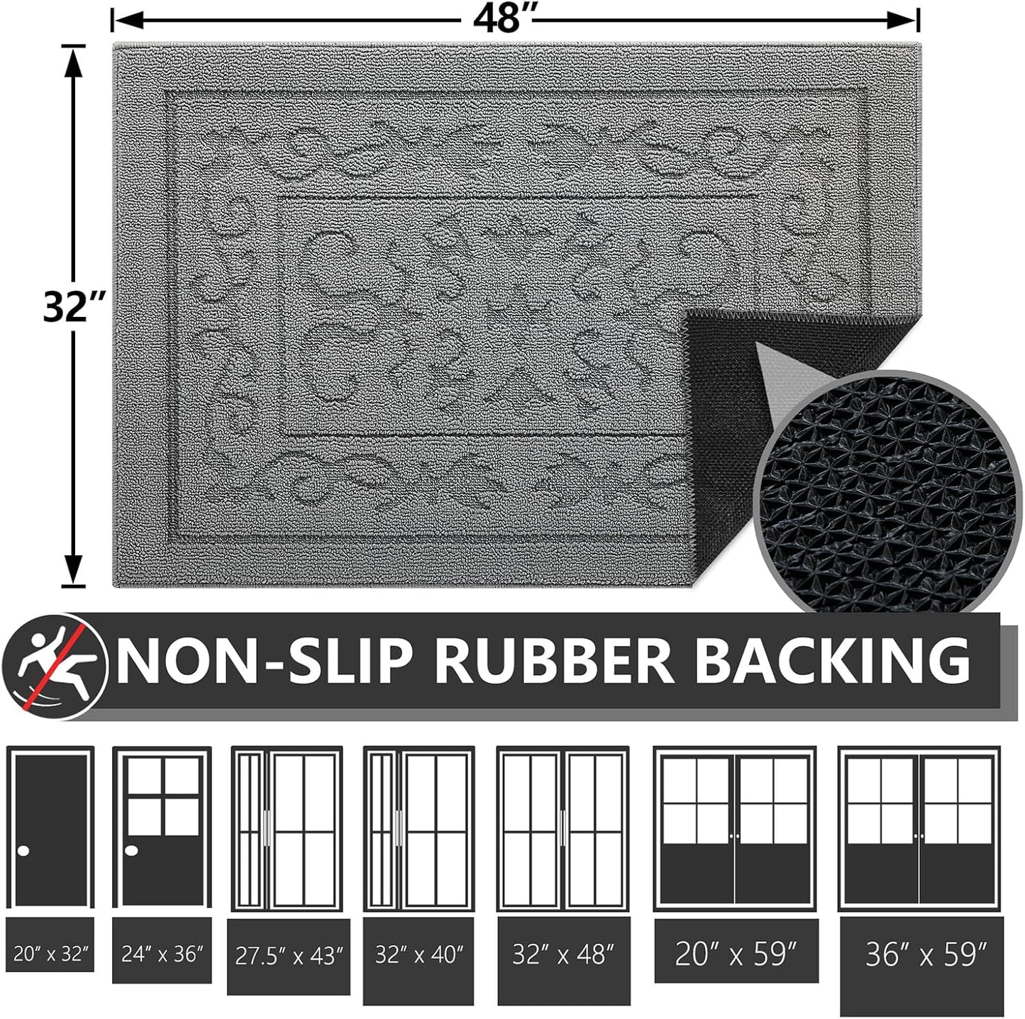 FONEYI Indoor Door Mat 32" x 48", Dirt Trapper Door Mats Non-Slip Entryway Rugs Washable, Absorbent Resist Dirt Welcome Mat, Low Profile Inside Floor Mats for Front Back Door and Entryway, Light Grey