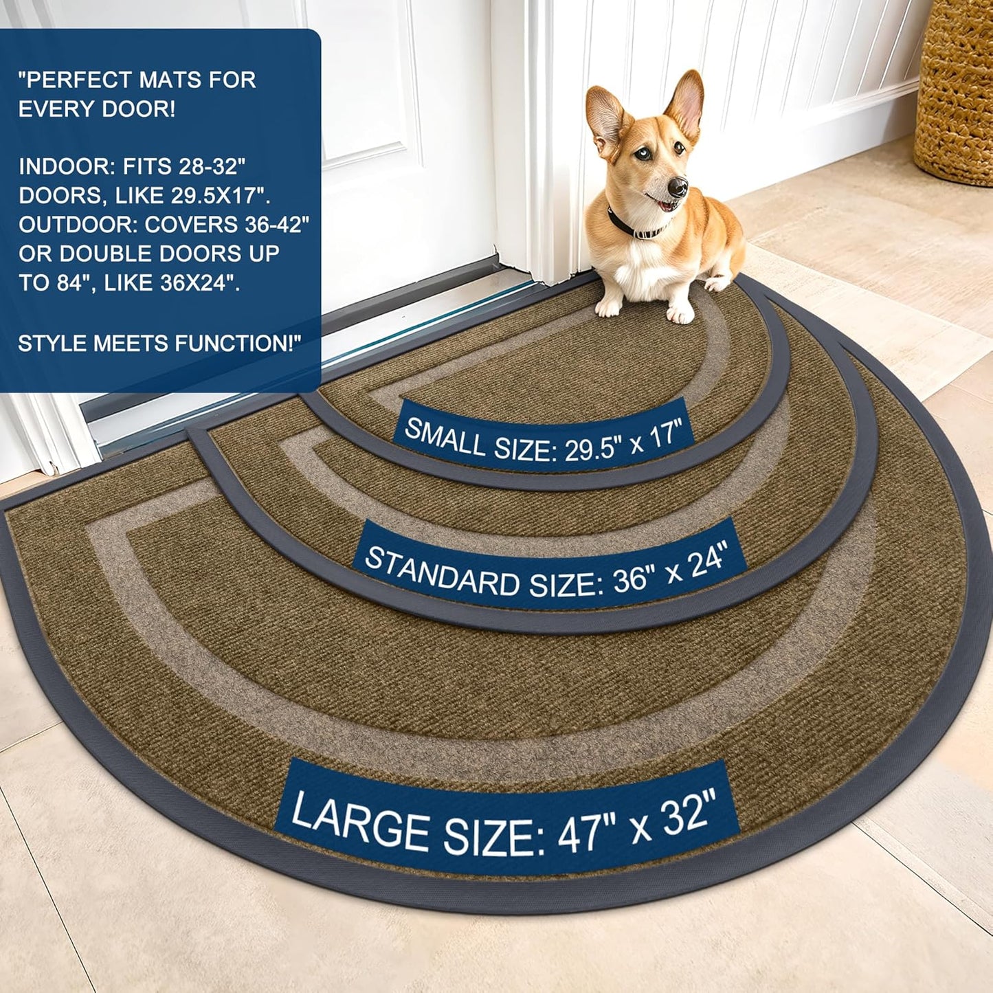 OLANLY Half Circle Door Mat Indoor Outdoor Entrance Welcome, Waterproof All-Season, All-Weather Doormat, Sturdy Natural Rubber, Low Profile, Easy Clean Patio Porch Entryway Mat, 47x23, Brown