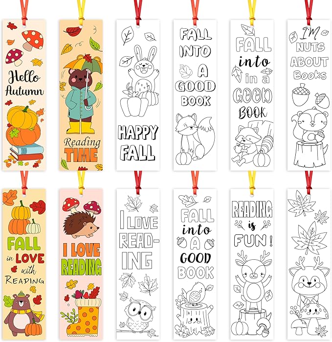 Fall Animal Color Your Own Bookmarks for Kids -120Pcs Fall DIY Coloring Blank Bookmark with Squirrel Hedgehog Classroom Art Craft Supplies for Students Halloween Thanksgiving Reward Goodie Fillers