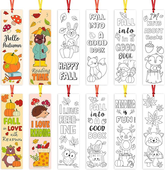 Fall Animal Color Your Own Bookmarks for Kids -120Pcs Fall DIY Coloring Blank Bookmark with Squirrel Hedgehog Classroom Art Craft Supplies for Students Halloween Thanksgiving Reward Goodie Fillers