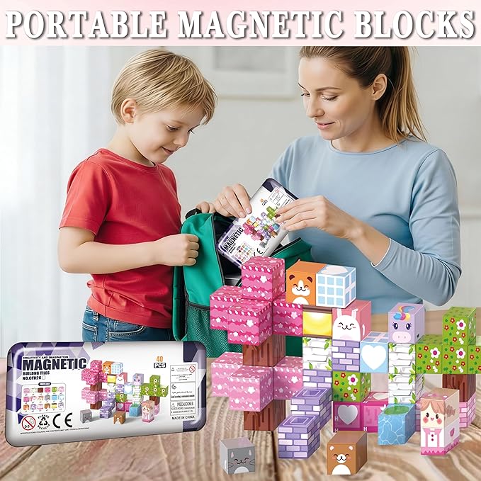 Magnetic Building Blocks 40 Pieces with Animals & Nature Theme - Safe STEM Educational Toys Gift for Toddlers Ages 3-8 with Storage Case