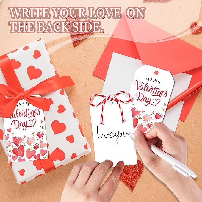 50Pcs Happy Valentines Tags for Bags - Valentine Gift Tags with String, Hanging Paper Gift Label for Wrapping Treat Bag, Idea Valentines Activity Party Favors