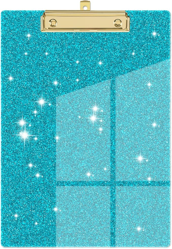 Piasoenc Acrylic Clipboards, Fashion Glitter Clip Board with Low Profile Gold Clip, Designed for Classroom School and Office Use, A4 Letter Size 9 x 12.5 in,Teal