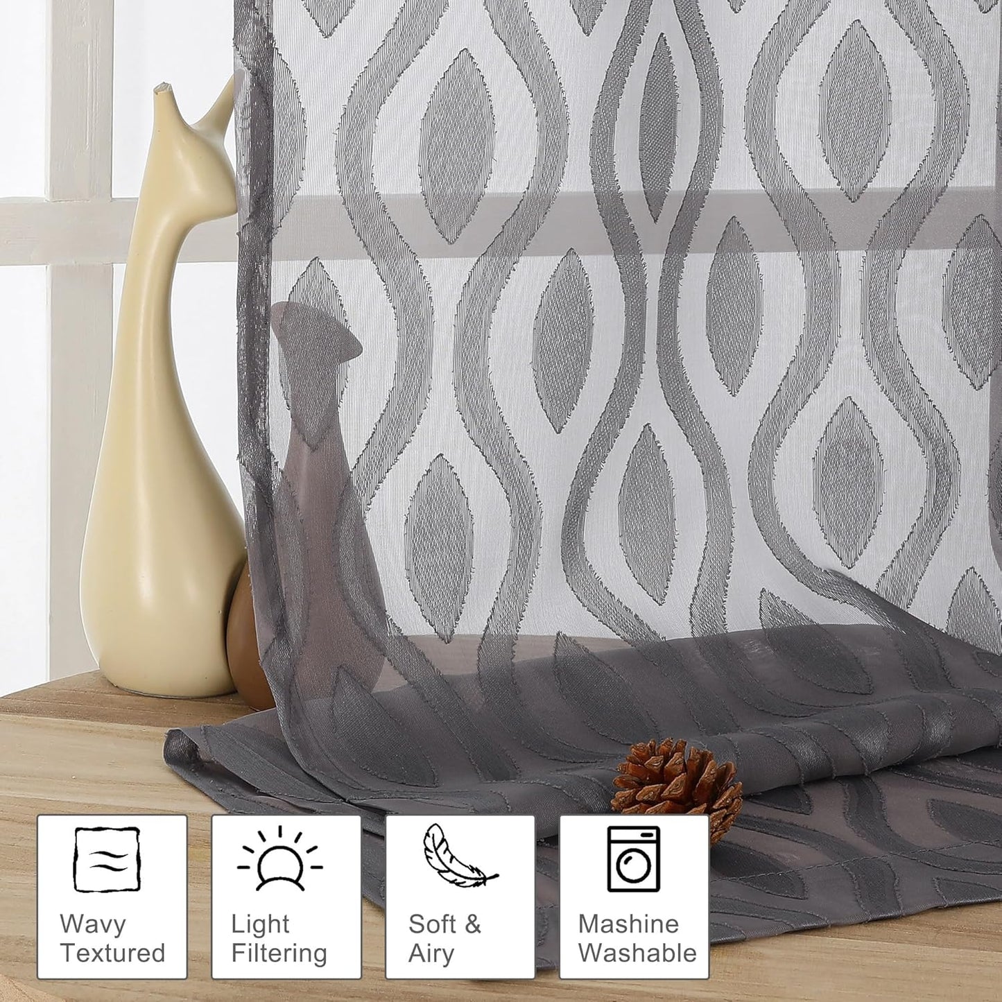 Aiyufeng Grey Sheer Curtains 45 Inch Length 2 Panels Set, Farmhouse Clip Jacquard Textured Short Curtains, Lightweight Chic Wavy Line Window Curtains Drapes for Bedroom, 40" Wx45 L Inches