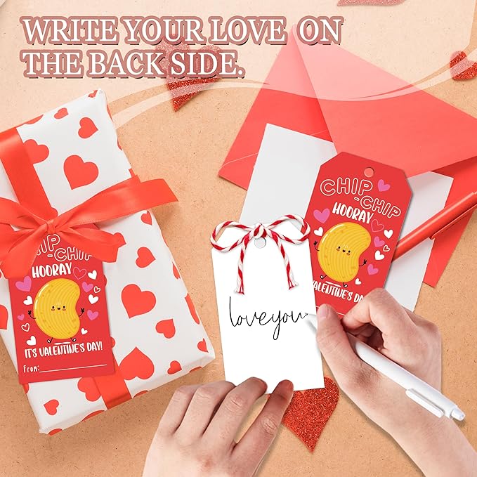 50Pcs Chip Chip Hooray Valentines Tags, Valentine Thank You Gift Label with String, Hanging Paper Gift Label for Wrapping Treat Bag, Idea Valentines Activity School Classroom Party Favors