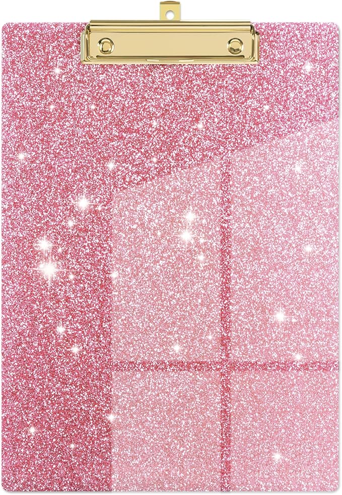 Piasoenc Acrylic Clipboards, Fashion Glitter Clip Board with Low Profile Gold Clip, Designed for Classroom School and Office Use, A4 Letter Size 9 x 12.5 in,Cute Pink