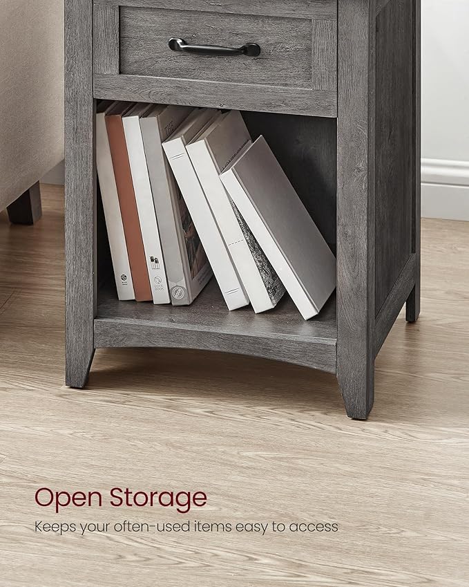VASAGLE LIRY Collection - Farmhouse Nightstands with Charging Station, Set of 2 Bedside Tables, Side Tables with Drawer, Open Compartment, for Bedroom, Misty Gray ULET859G01