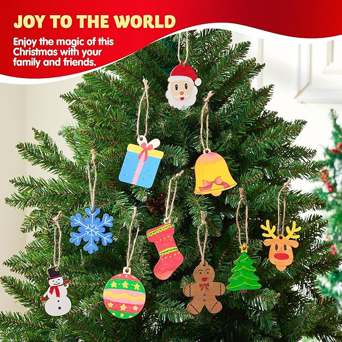 JOYIN 100 Pcs Christmas Wooden Ornaments Crafts to Paint, Unfinished Wood Painting Kits with 8 Watercolor Pens for Kids, Make Your Own DIY Hanging Ornament for Xmas Tree Decor Party Supplies (Age 8+)