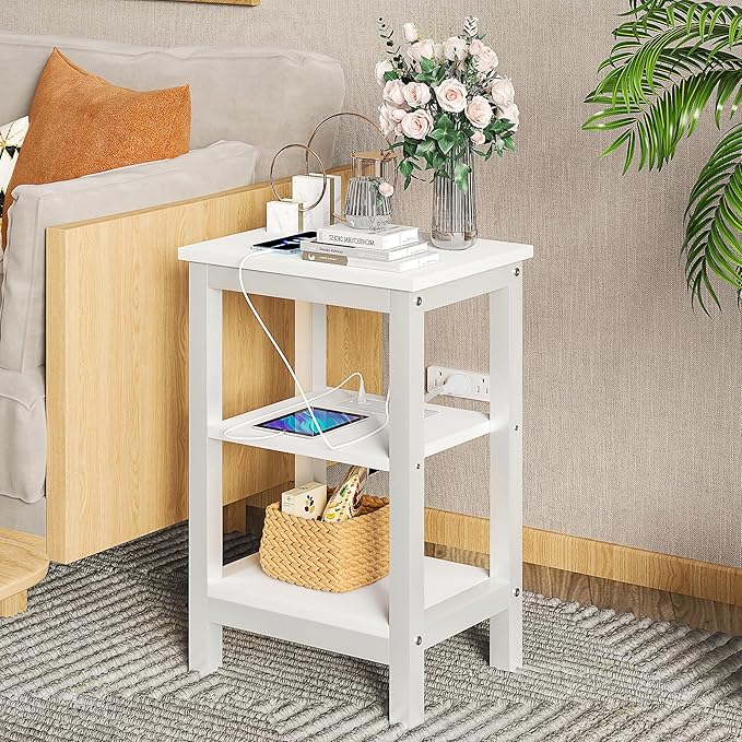 VECELO Modern Nightstands with Charging Station,Side End Table Night Stand with Storage Shelf for Small Spaces, Bedroom,Living Room