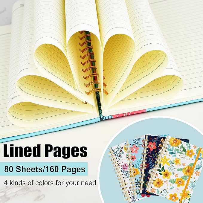 Coopay 4 Pack A5 Spiral Notebook Journal for Women, College Ruled Composition Notebooks Hardcover Spiral Journal, Cute Blooming Floral, Office School Business Supplies, 8.3" x 5.5", 160 Page