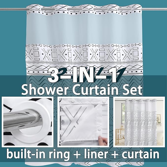 Conbo Mio Extra Long No Hook Boho Shower Curtain with Snap in Liner Set, Hotel Luxury White Shower Curtains for Bathroom with See Through Top Window, Waterproof, Washable 71W x 84H
