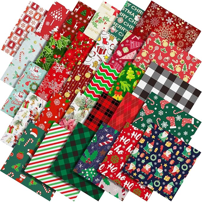 Shimeyao 60 Pieces Christmas Fabric Bundles Sewing Quilting Snowman Santa Elk Snowflake Print Fat Quarters Squares Fabric for Patchwork Sewing DIY Crafts Christmas Party Supplies, 7.87 x 7.87 Inch