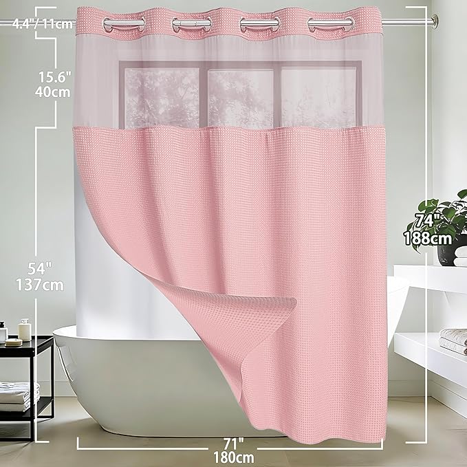 Conbo Mio No Hook Waffle Weave Shower Curtain with Snap in Liner Set, Hotel Luxury Pink Shower Curtains for Bathroom with See Through Top Window, Waterproof, Washable 71W x 74H