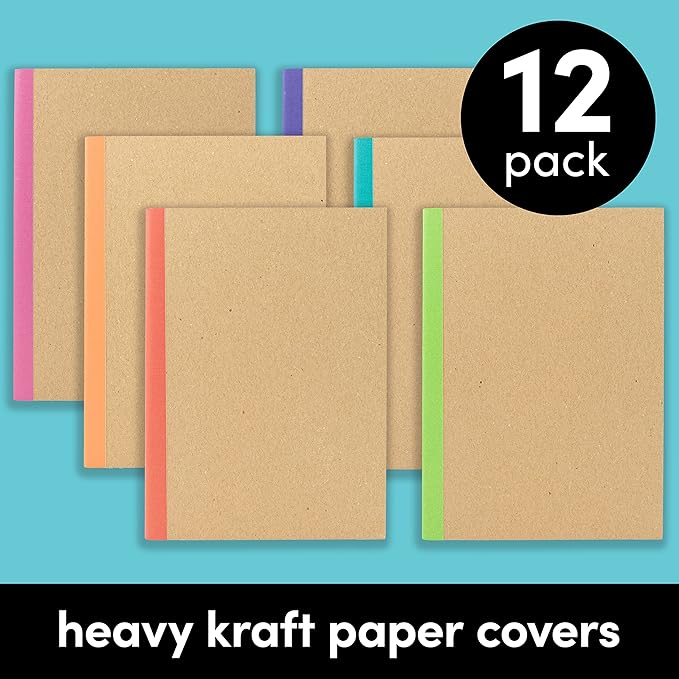 PAPERAGE 12-Pack Composition Notebook Journals, 120 Pages, Kraft Cover with Rainbow Spines, College Ruled Lined Paper, Small Size (8 in x 5.75 in) – for Home, Office or School Supplies